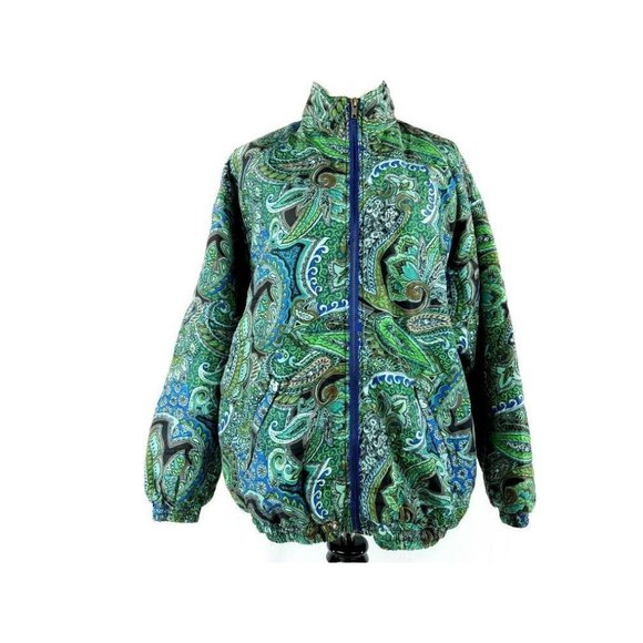 Vintage 80s Green Silk Quilted Paisley Oriental Jacket Womens Small - Picture 1 of 5